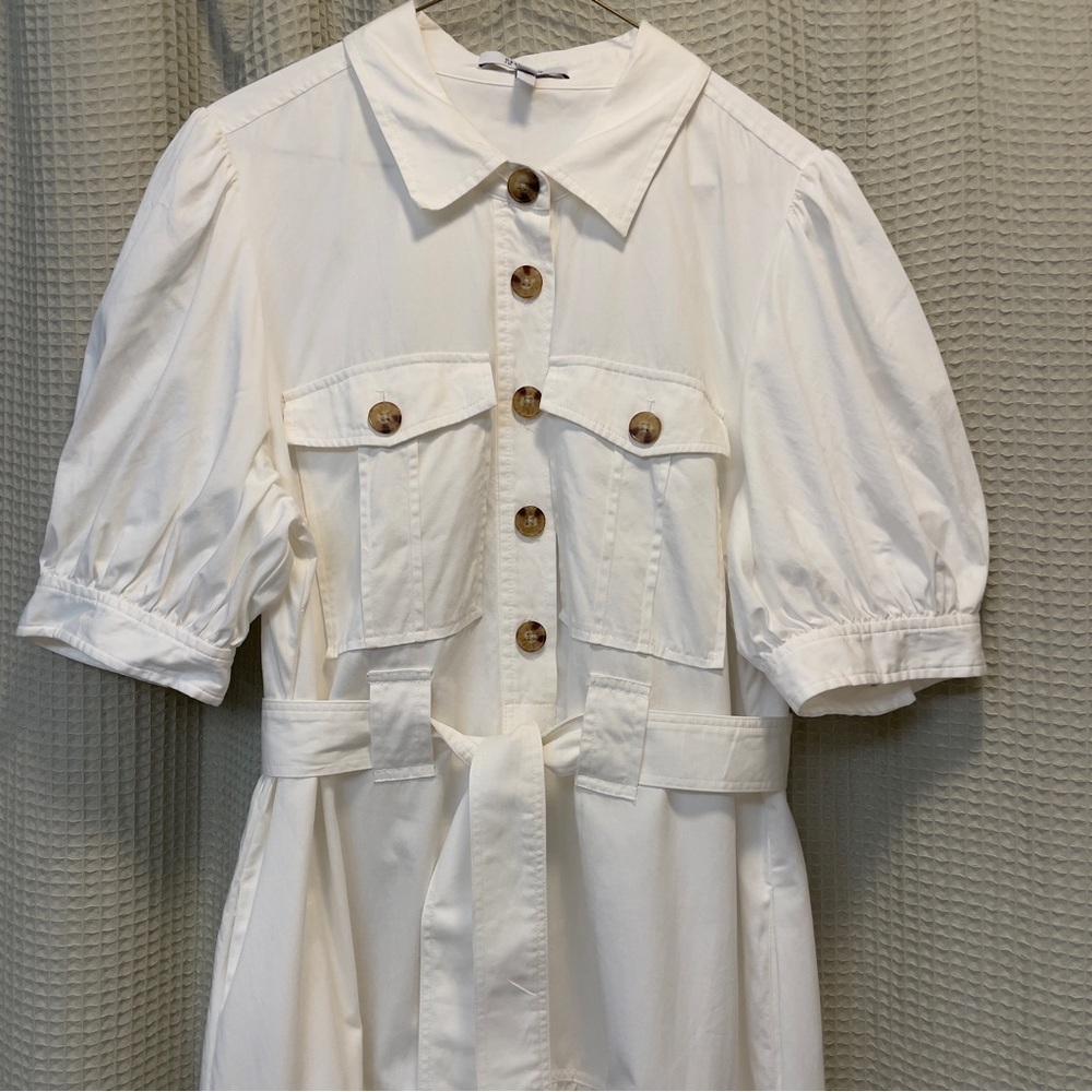 Derek Lam 10 Crosby White Utility Midi Dress - Size 14 Belted Puff Sleeve​​ - Picture 4 of 5